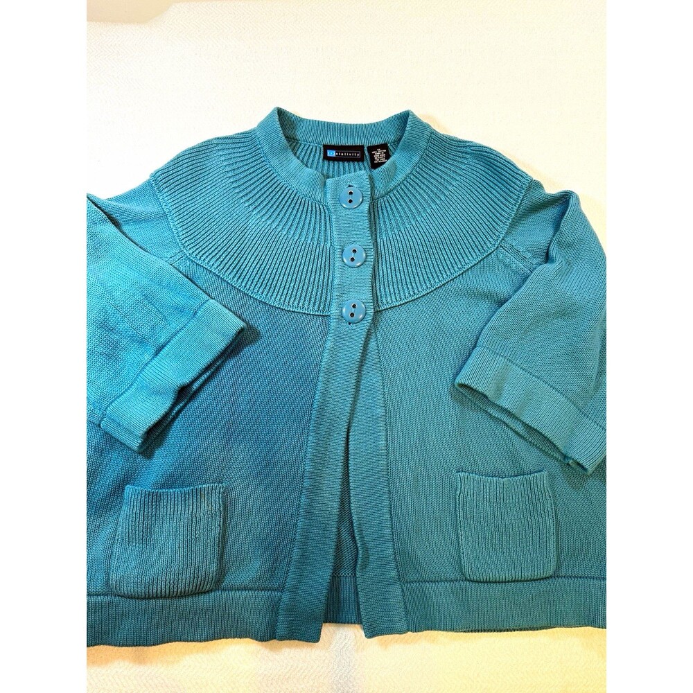 Relativity Button Front Knit Cardigan Sweater Blue Cotton Pockets 1X